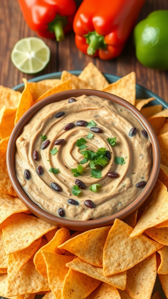 A bowl of spicy black bean dip garnished with cilantro, served with tortilla chips on a rustic table.